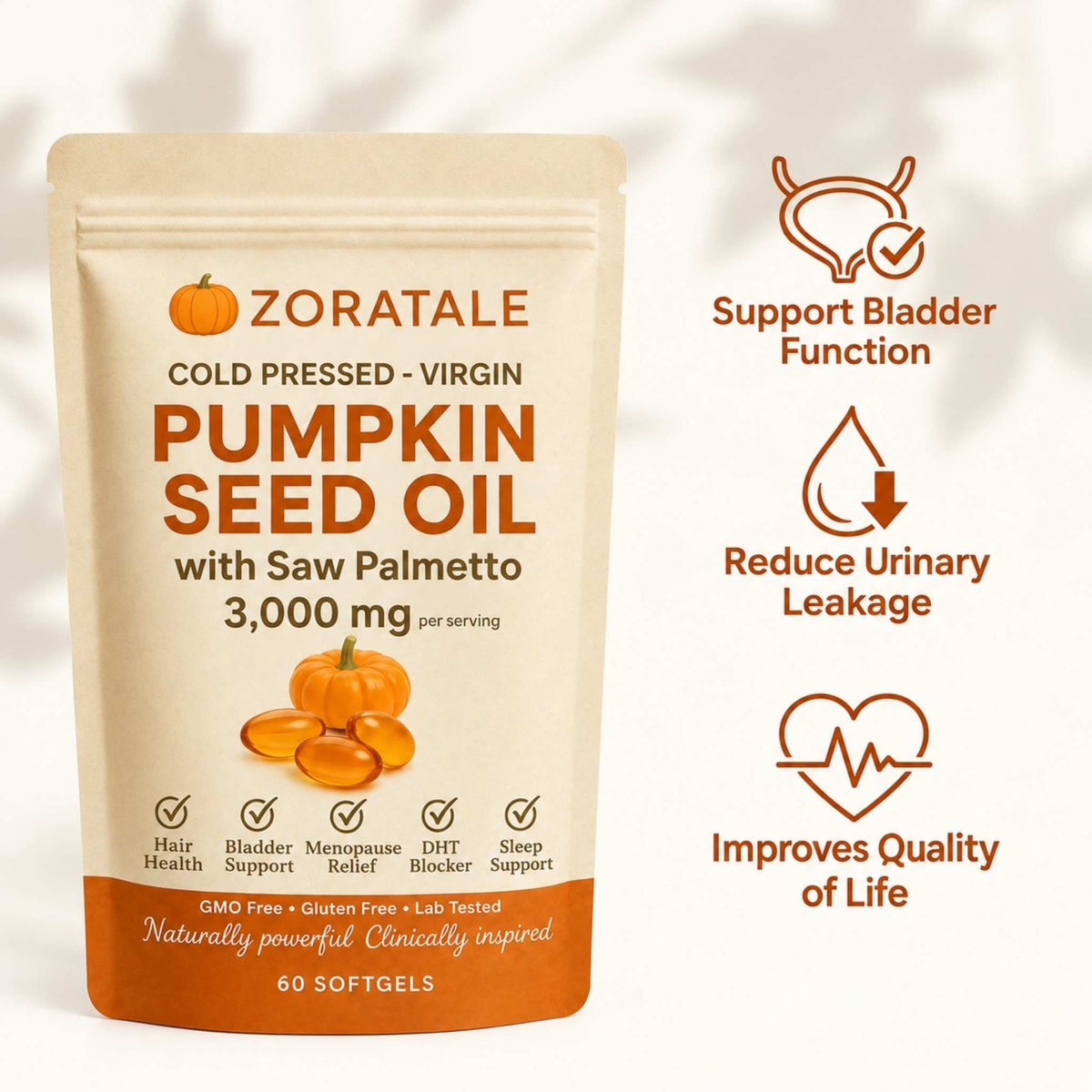 Zoratale Pumpkin Seed Oil Softgels - Naturally Improves Bladder Leaks, Urgency and Nighttime Bathroom Trips